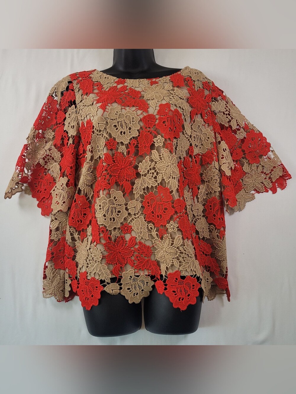 NWT Chico's 1 M L Red Tan Floral Crochet Lace Flutter Sleeve Wedding Guest Boho